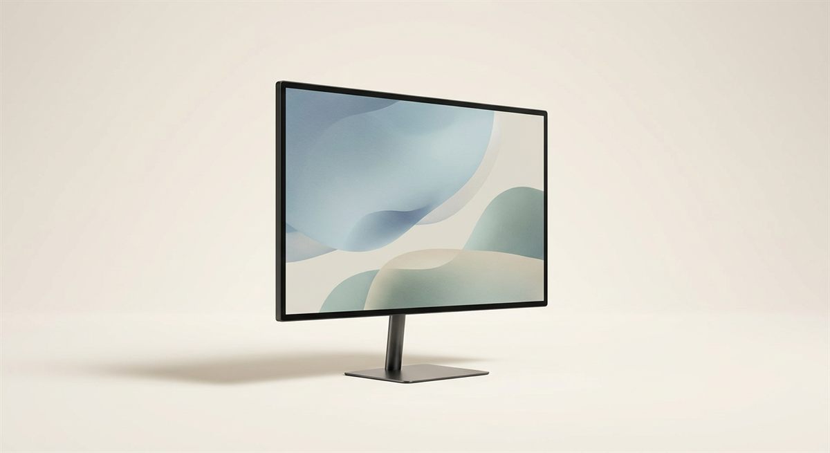 Monitor op een monitorarm boven een opgeruimd bureau